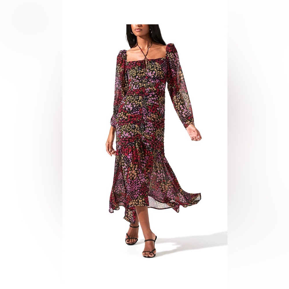 Astr Floral Midi Dress in Black with Pink & Green Accents